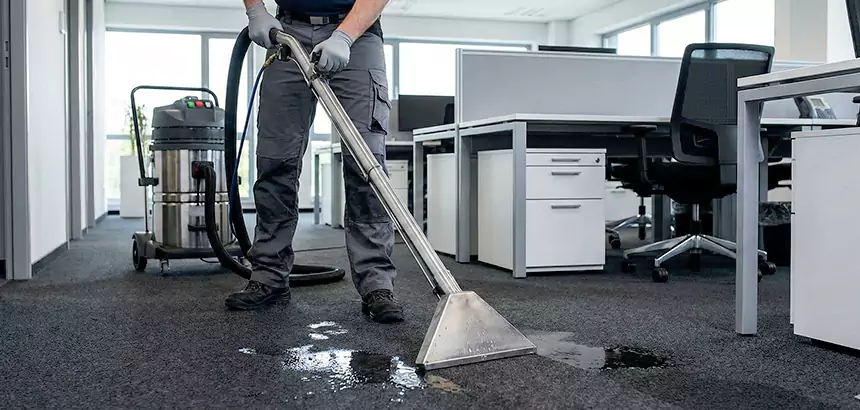 Technician extracting water from wet commercial carpet using a professional extraction wand